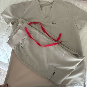 FIGS Khaki Scrub Set with Red Accents